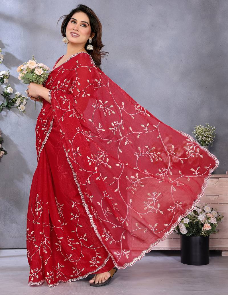 Classic Red Embroidered Jimmy Chu Saree Festive & Party Wear
