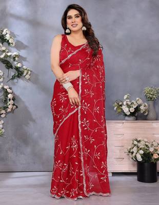 Classic Red Embroidered Jimmy Chu Saree Festive & Party Wear 2