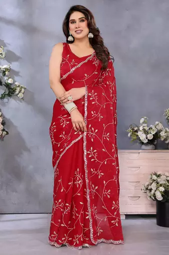 Classic Red Embroidered Jimmy Chu Saree Festive & Party Wear