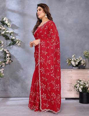 Classic Red Embroidered Jimmy Chu Saree Festive & Party Wear 3