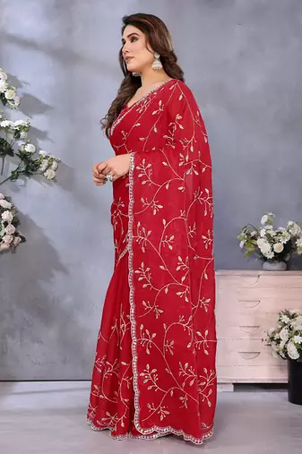 Classic Red Embroidered Jimmy Chu Saree Festive & Party Wear