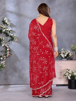 Classic Red Embroidered Jimmy Chu Saree Festive & Party Wear 4