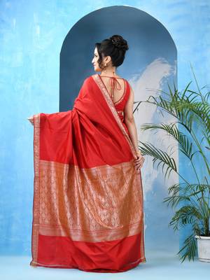 Red kanjivaram banarasi soft silk lalpari with blouse piece 2