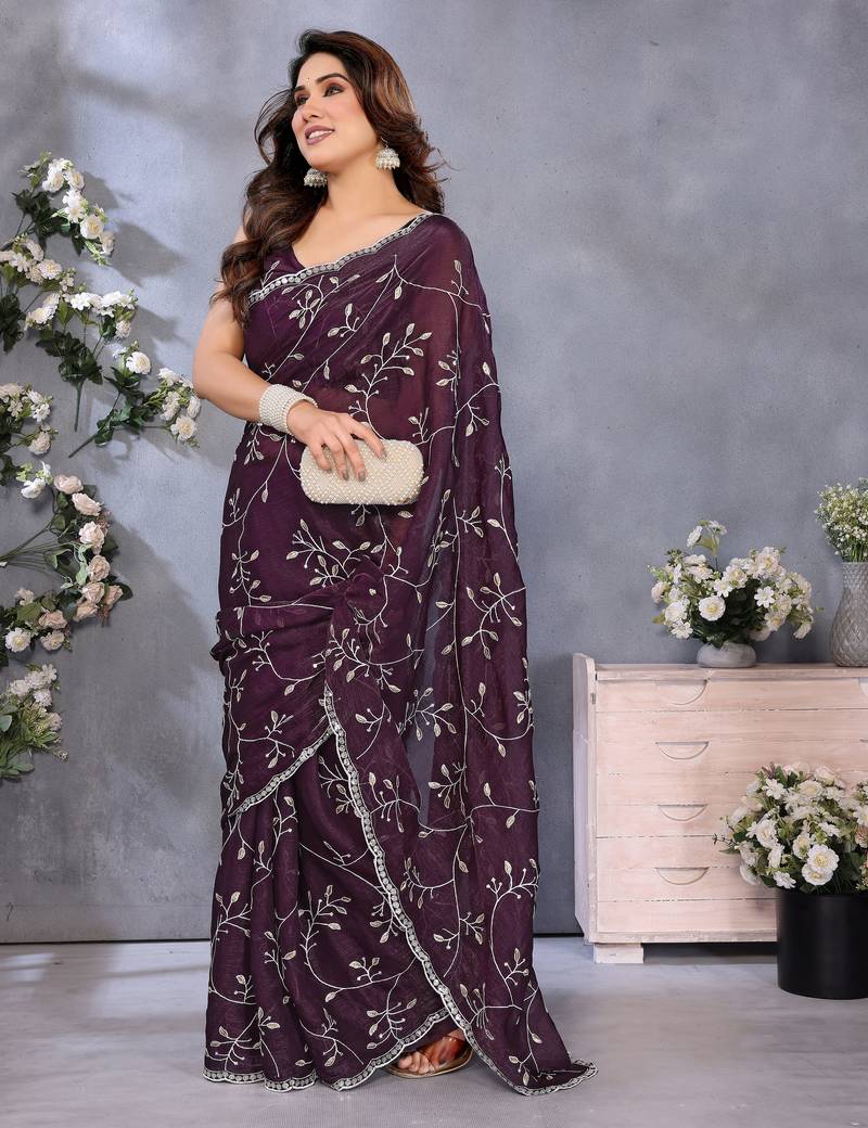 Luxury Wine Color Jimmy Chu Saree with Beautiful Embroidery Detailing