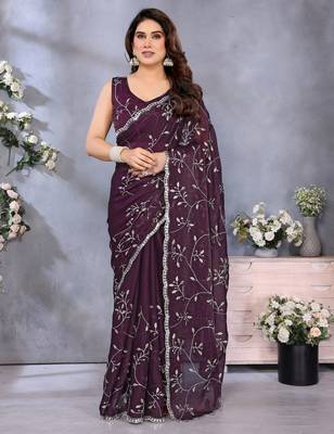 Luxury Wine Color Jimmy Chu Saree with Beautiful Embroidery Detailing 2