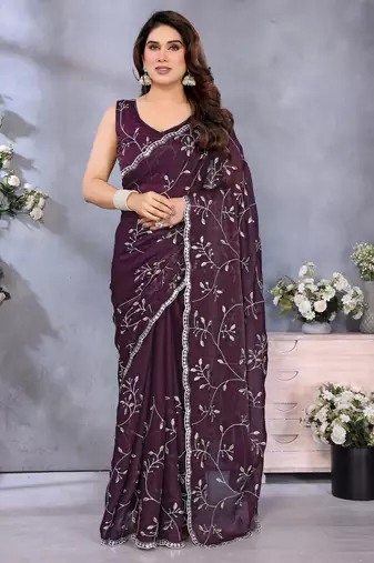 Luxury Wine Color Jimmy Chu Saree with Beautiful Embroidery Detailing