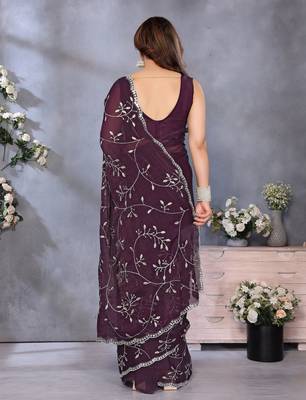 Luxury Wine Color Jimmy Chu Saree with Beautiful Embroidery Detailing 4