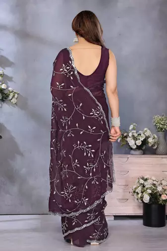 Luxury Wine Color Jimmy Chu Saree with Beautiful Embroidery Detailing