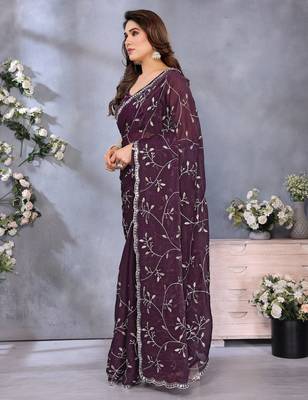 Luxury Wine Color Jimmy Chu Saree with Beautiful Embroidery Detailing 5