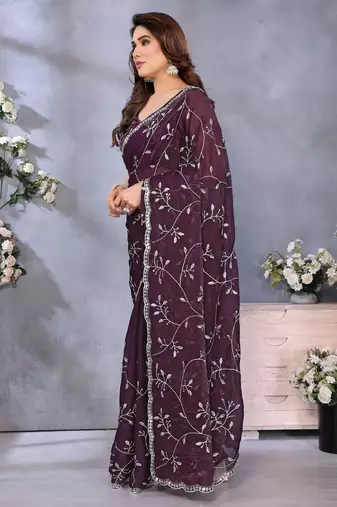 Luxury Wine Color Jimmy Chu Saree with Beautiful Embroidery Detailing