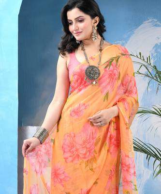 Light peach royal swagsutra floral print georgette chiffon saree without blouse piece 1