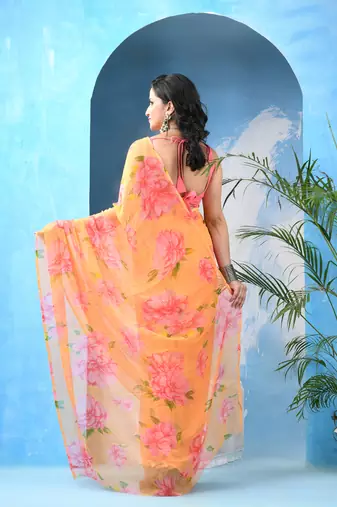Light peach royal swagsutra floral print georgette chiffon saree without blouse piece