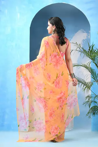 Light green royal swagsutra floral print georgette chiffon saree without blouse piece