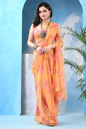 Light green royal swagsutra floral print georgette chiffon saree without blouse piece