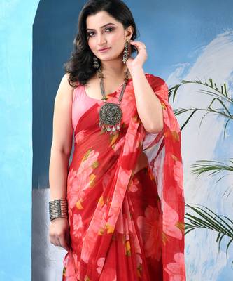 Red floral print georgette chiffon saree without blouse piece 1