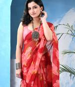 Red floral print georgette chiffon saree without blouse piece