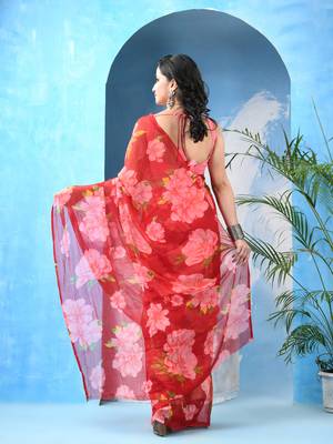 Red floral print georgette chiffon saree without blouse piece 2