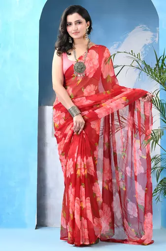 Red floral print georgette chiffon saree without blouse piece