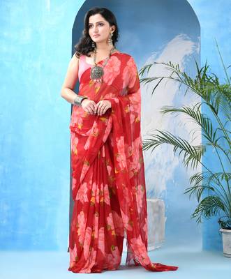 Red floral print georgette chiffon saree without blouse piece 4