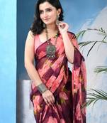 Wine floral print georgette chiffon saree without blouse piece