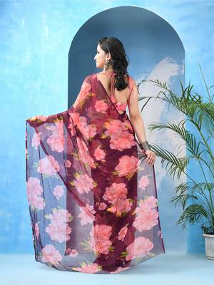 Wine floral print georgette chiffon saree without blouse piece 2