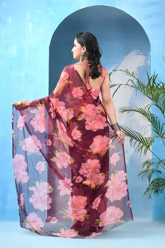 Wine floral print georgette chiffon saree without blouse piece