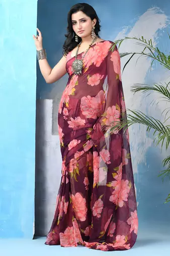 Wine floral print georgette chiffon saree without blouse piece