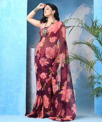 Wine floral print georgette chiffon saree without blouse piece 4