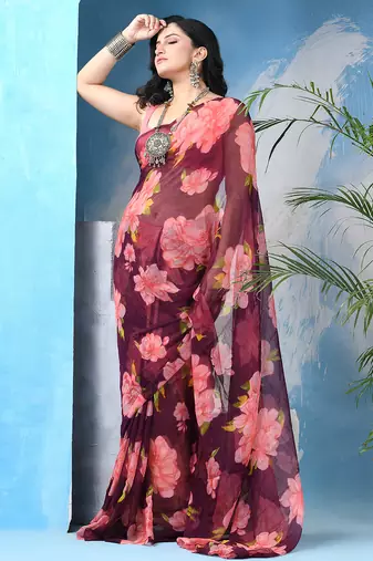 Wine floral print georgette chiffon saree without blouse piece