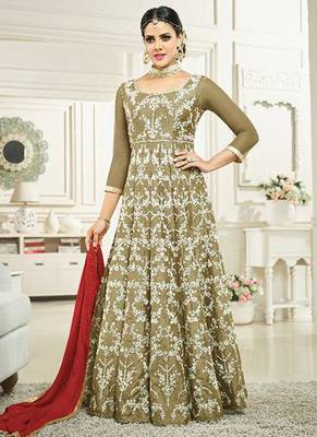 Raw Silk Embroidered Wedding Collection Anarkali Semi-Suit 1