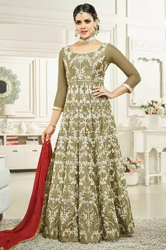 Raw Silk Embroidered Wedding Collection Anarkali Semi-Suit