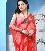 Deep red floral print georgette chiffon saree without blouse piece