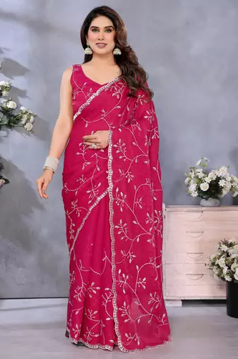 Charming Pink Embroidery Work Jimmy Chu Saree with Designer Finish