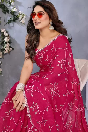 Charming Pink Embroidery Work Jimmy Chu Saree with Finish