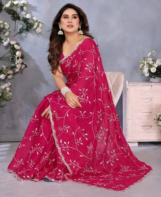 Charming Pink Embroidery Work Jimmy Chu Saree with Finish 4