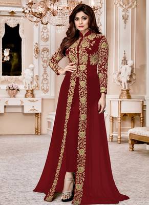 Maroon Georgette Embroidered Wedding Wear Designer Anarkali Semi-Suit 1