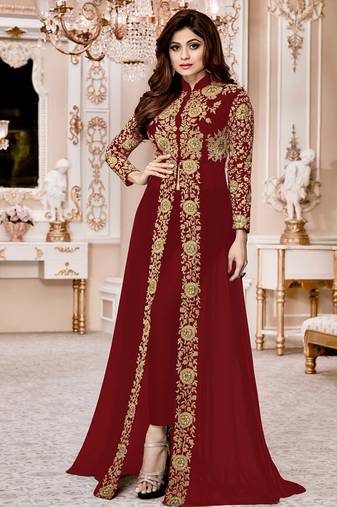 Maroon Georgette Embroidered Wedding Wear Designer Anarkali Semi-Suit