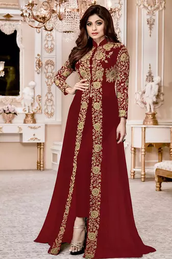 Maroon Georgette Embroidered Wedding Wear Designer Anarkali Semi-Suit