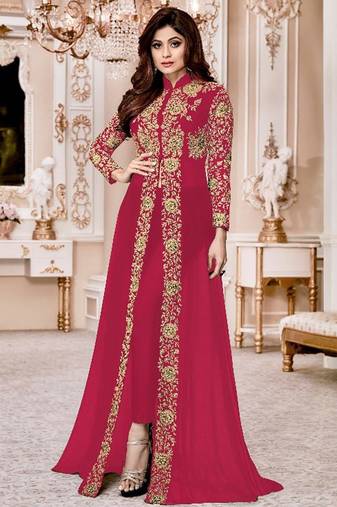 Pink Georgette Embroidered Wedding Wear Designer Anarkali Semi-Suit