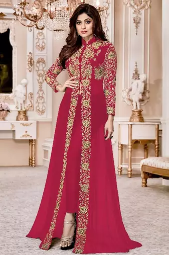 Pink Georgette Embroidered Wedding Wear Designer Anarkali Semi-Suit