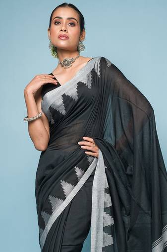 Black Mixed Cotton Saree With Silver Temple Border