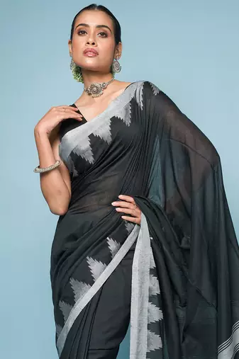 Black Mixed Cotton Saree With Silver Temple Border