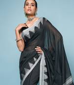 Black Mixed Cotton Saree With Silver Temple Border