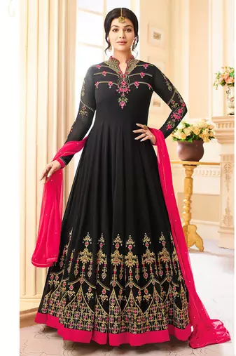 Black Georgette Zari Embroidered Wedding Wear Designer Anarkali Semi-Suit
