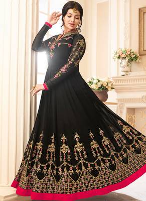 Black Georgette Zari Embroidered Wedding Wear Designer Anarkali Semi-Suit 2