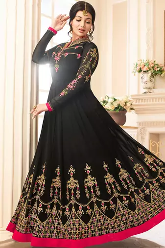 Black Georgette Zari Embroidered Wedding Wear Designer Anarkali Semi-Suit