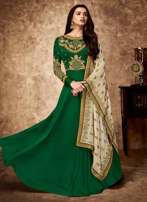 green Satin Georgette Embroidered Wedding Anarkali Designer Suits 1