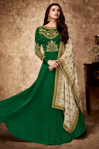 green Satin Georgette Embroidered Wedding Anarkali Designer Suits