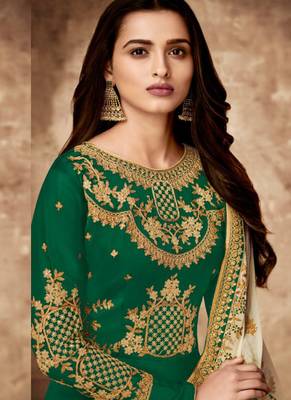 green Satin Georgette Embroidered Wedding Anarkali Designer Suits 2