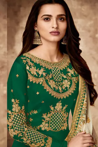 green Satin Georgette Embroidered Wedding Anarkali Designer Suits